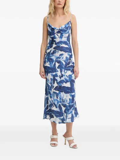 Guess Usa Leaf-print Cowl-neck Midi Dress In Blue