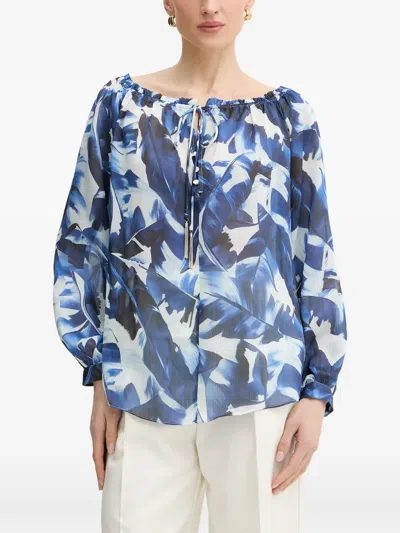 Guess Usa Leaf-print Ruffled Blouse In Blue