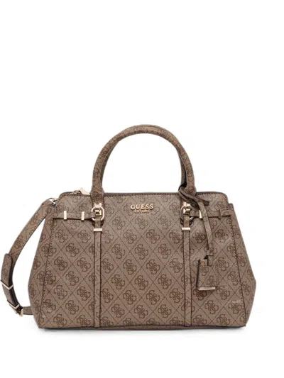 Guess Usa Leona Monogram-print Logo-plaque Tote Bag In Brown