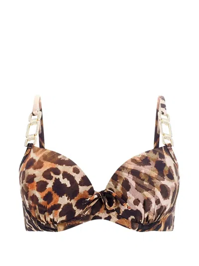 Guess Usa Leopard-print Crystal-embellished Bikini Top In Animal Print