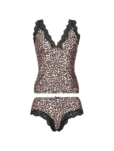 Guess Usa Leopard-print Lace-trim Pajamas In Brown