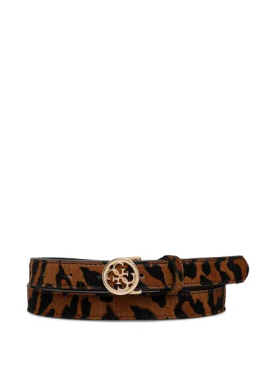 Guess Usa Leopard-print Logo-plaque Belt In Gold