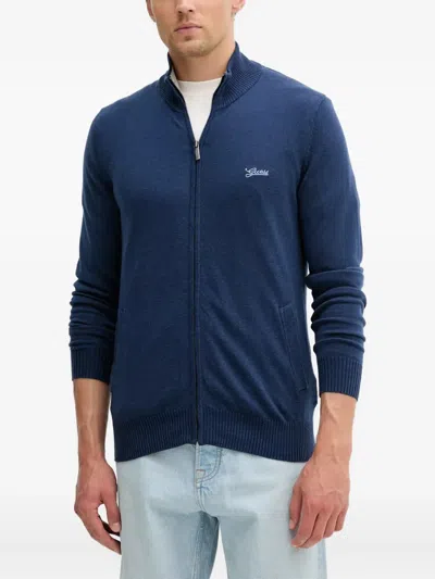 Guess Usa Logo-embroidered Cardigan In Blue
