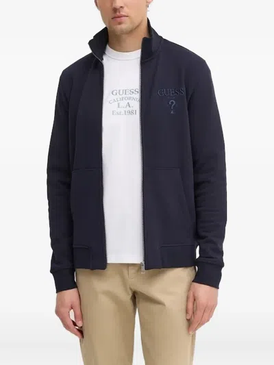 Guess Usa Logo-embroidered Zip-up Sweatshirt In Blue