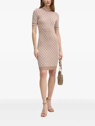 Guess Usa Logo-pattern Short-sleeve Mini Dress In Brown