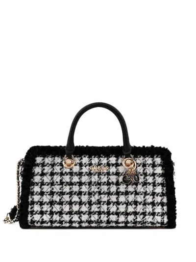 Guess Usa Logo-plaque Houndstooth Tote Bag In White