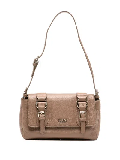 Guess Usa Logo-plaque Leather Crossbody Satchel In Brown