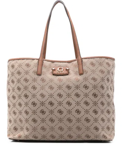 Guess Usa Logo-plaque Monogram Tote Bag In Neutral