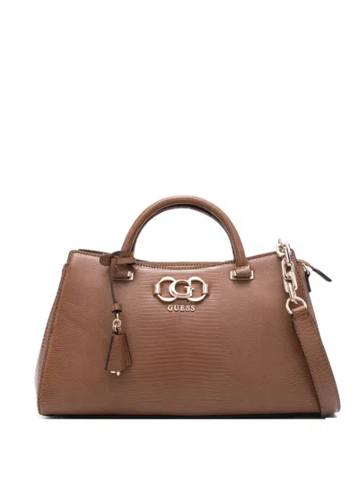Guess Usa Logo-plaque Snakeskin-effect Shoulder Bag In Brown