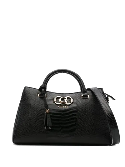 Guess Usa Logo-plaque Snakeskin Tote Bag In Black