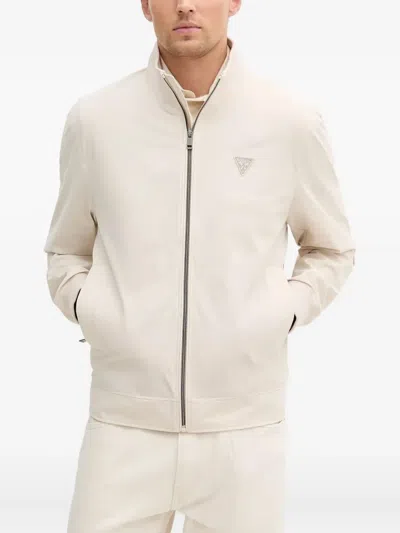 Guess Usa Logo-plaque Zip-front Jacket In Neutral