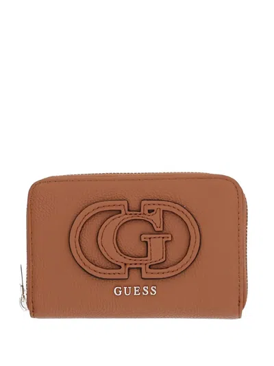 Guess Usa Logo Zip Wallet In Brown