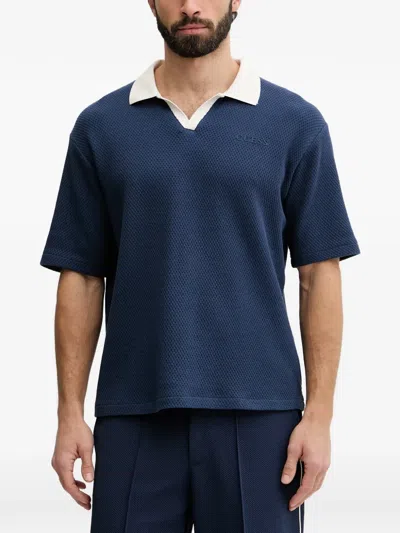 Guess Usa Logo-appliqué Waffle-knit Polo Shirt In Blue