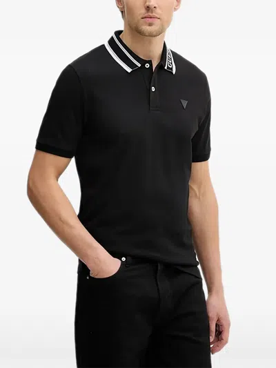 Guess Usa Logo-collar Polo Shirt In Black