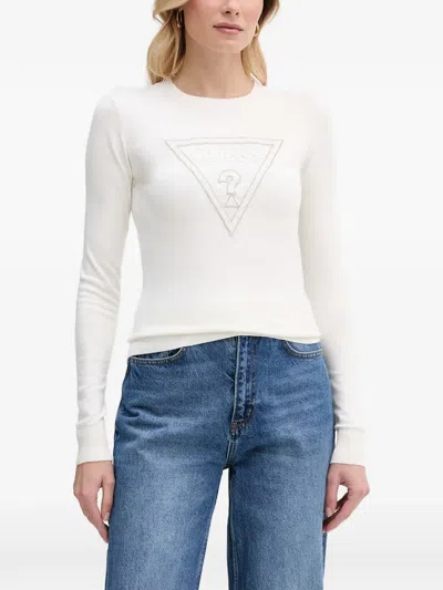 Guess Usa Logo-embellished Long-sleeve Sweater In White