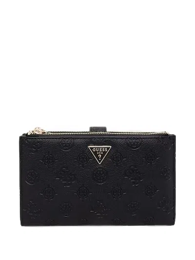 Guess Usa Logo-embossed Zip-around Wallet In Black