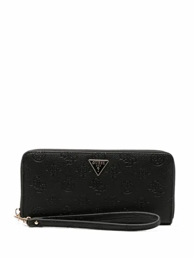 Guess Usa Logo-embossed Zip-around Wallet In Black