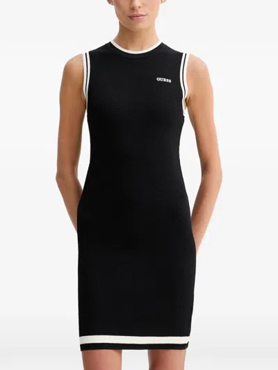 Guess Usa Logo-embroidered Contrast-trim Mini Dress In Black