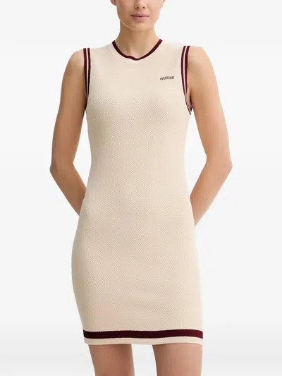 Guess Usa Logo-embroidered Contrast-trim Mini Dress In Neutral
