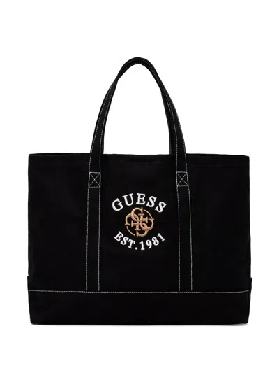 Guess Usa Logo-embroidered Cotton Tote Bag In Black