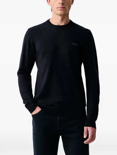 Guess Usa Logo-embroidered Crew-neck Sweater In Black