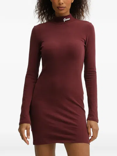 Guess Usa Logo-embroidered High-neck Mini Dress In Burgundy