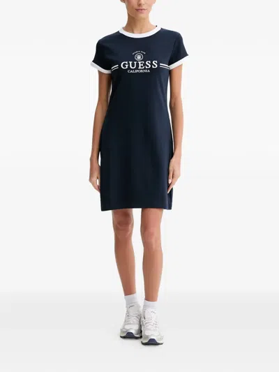 Guess Usa Logo-embroidered Mini Dress In Blue