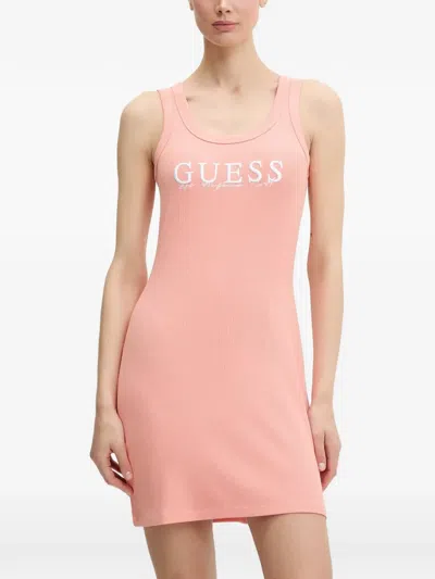 Guess Usa Logo-embroidered Ribbed Dress In Pink