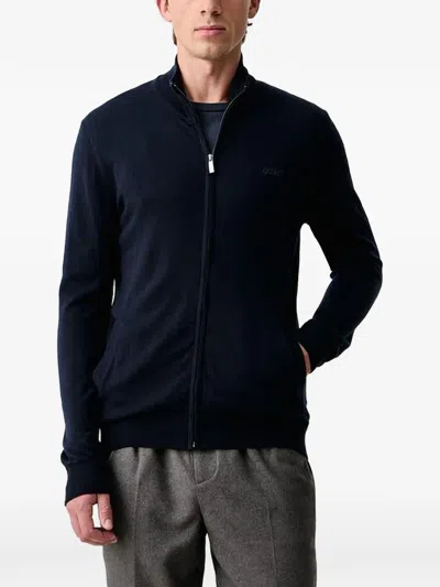 Guess Usa Logo-embroidered Zip-up Cardigan In Blue