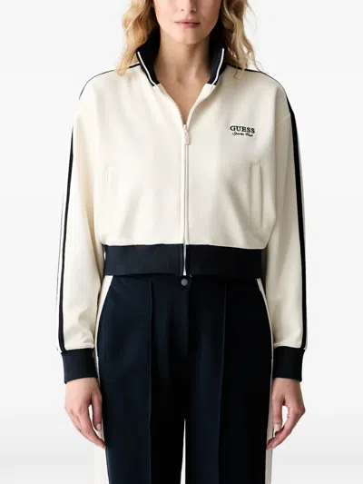 Guess Usa Logo-embroidered Zip-up Jacket In Neutral