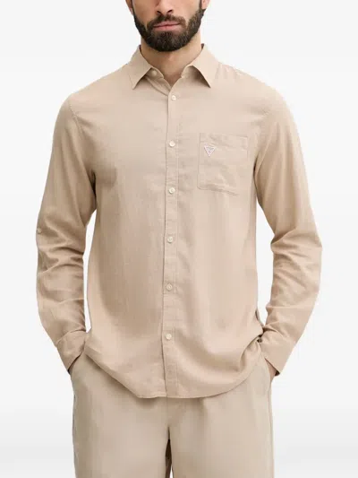 Guess Usa Logo-patch Chest-pocket Shirt In Neutral
