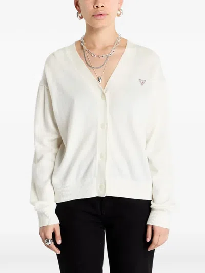 Guess Usa Logo-patch V-neck Cardigan In Neutral