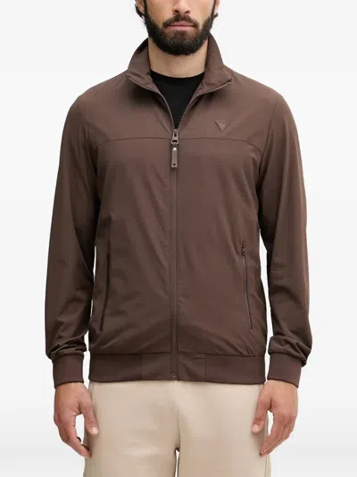 Guess Usa Logo-patch Zip-up Jacket In Brown