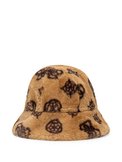 Guess Usa Logo-pattern Faux-fur Bucket Hat In Brown
