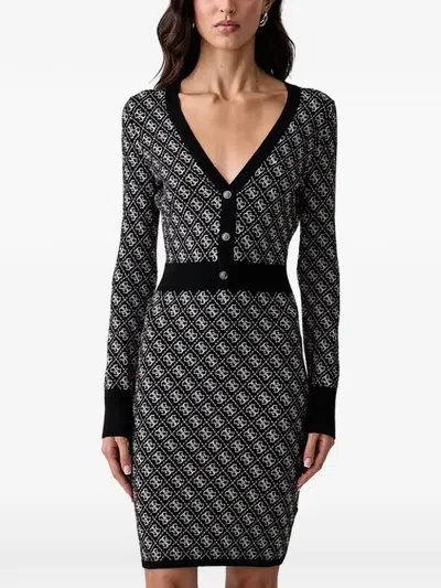 Guess Usa Logo-pattern V-neck Mini Dress In Black