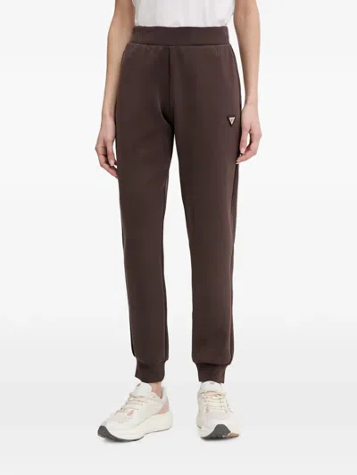 Guess Usa Logo-plaque Cuffed Track Pants In Brown