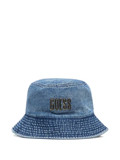 Guess Usa Logo-plaque Denim Bucket Hat In Blue