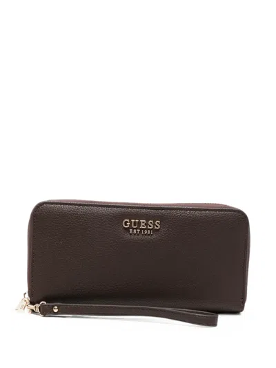 Guess Usa Logo-plaque Pebbled Wallet In Brown