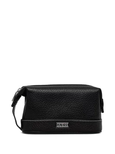 Guess Usa Logo-plaque Pebbled Wash Bag In Black