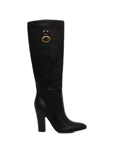 Guess Usa Logo-plaque Pebbled-leather Boots In Black