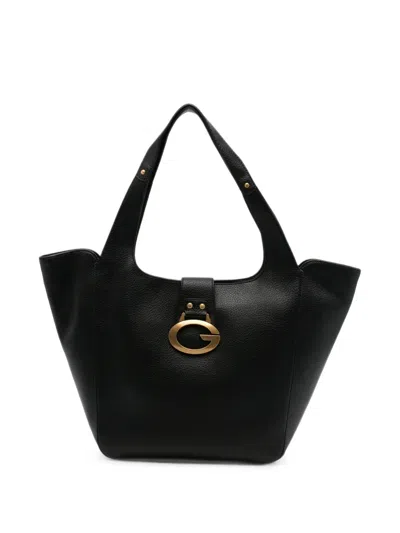 Guess Usa Logo-plaque Pebbled-leather Tote Bag In Black