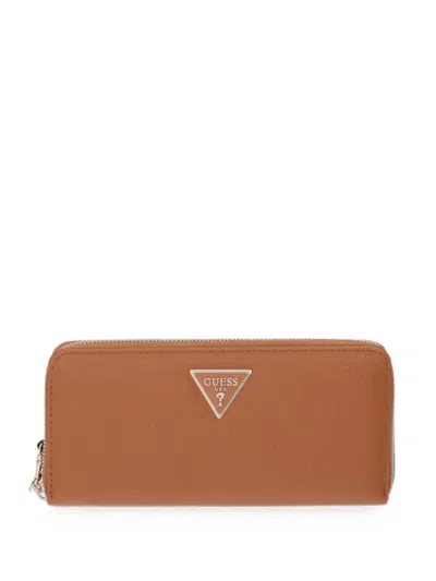 Guess Usa Logo-plaque Wristlet Wallet In Brown