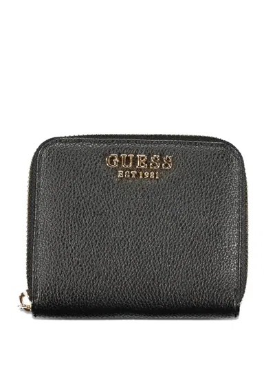 Guess Usa Logo-plaque Zip-around Wallet In Black