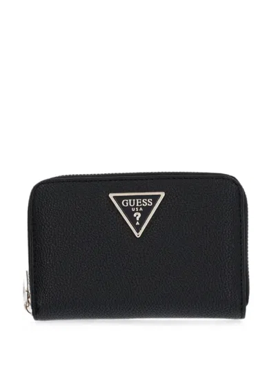 Guess Usa Logo-plaque Zip-around Wallet In Black