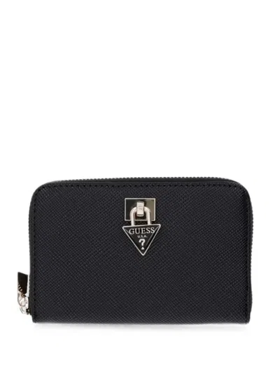 Guess Usa Logo-plaque Zip-around Wallet In Black