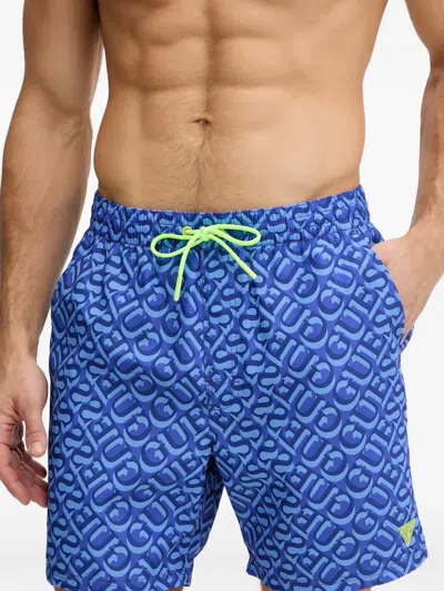 Guess Usa Logo-print Drawstring-waist Swim Shorts In Blue
