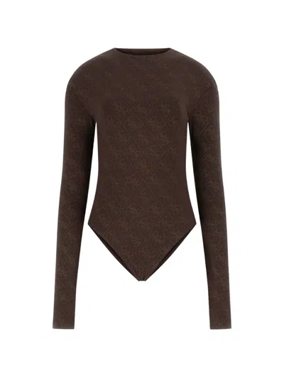 Guess Usa Logo-print Long-sleeve Bodysuit In Brown