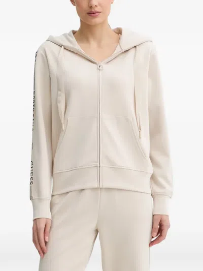 Guess Usa Logo-tape Zip-up Hoodie In Neutral