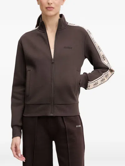 Guess Usa Logo-tape Zip-up Sweater In Brown