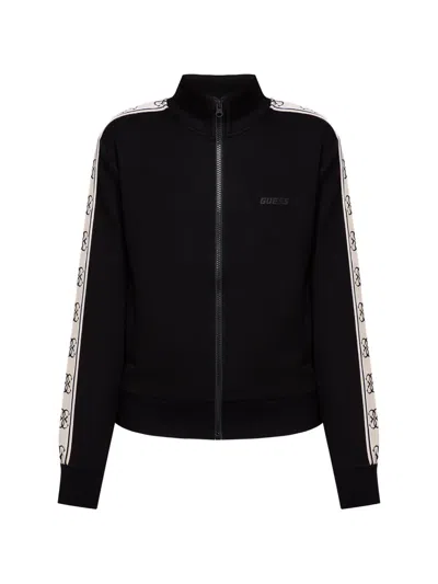 Guess Usa Logo-tape Zip-up Sweatshirt In Black